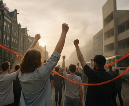 Een groep mensen die in een stadsstraat hun vuisten omhoog steken met een rood lint dat als een rode draad door het beeld loopt
