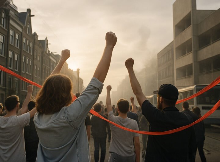 Een groep mensen die in een stadsstraat hun vuisten omhoog steken met een rood lint dat als een rode draad door het beeld loopt