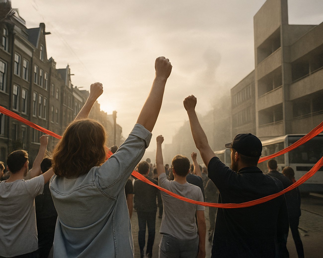 Een groep mensen die in een stadsstraat hun vuisten omhoog steken met een rood lint dat als een rode draad door het beeld loopt