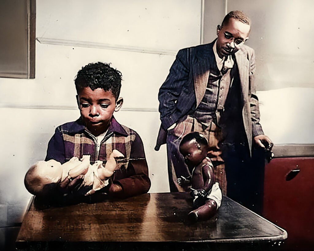 Vintage zwart-wit foto uit de jaren '30 van twee poppen, één met een donkere huid en één met een lichte huid, die tegen elkaar aanleunen. Het contrast tussen de poppen benadrukt het thema van raciale verschillen.