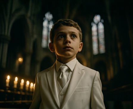 Jonge jongen in een wit kostuum tijdens zijn eerste communie in een kerk