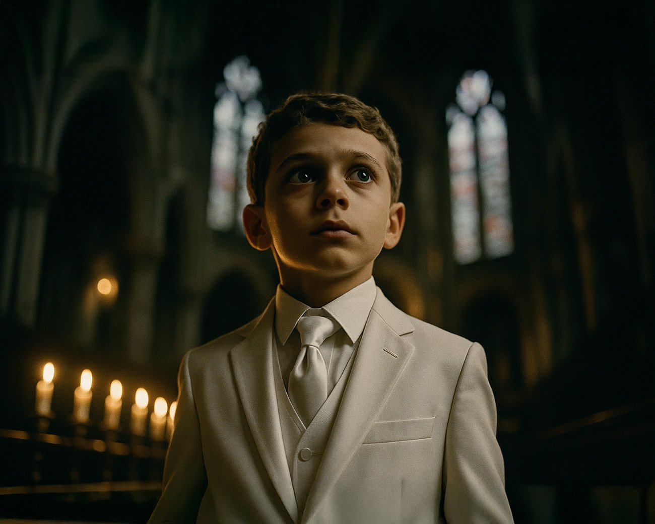 Jonge jongen in een wit kostuum tijdens zijn eerste communie in een kerk
