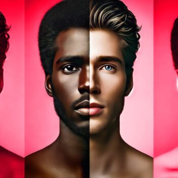 Close-up van een gezicht verdeeld in twee helften: links een Afro-Caribische man in schaduw, rechts een witte man in licht, als metafoor voor racistische framing in de media.