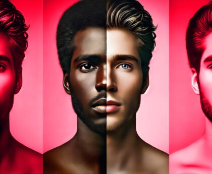 Close-up van een gezicht verdeeld in twee helften: links een Afro-Caribische man in schaduw, rechts een witte man in licht, als metafoor voor racistische framing in de media.