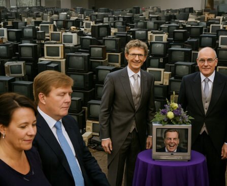 Politici poseren voor een berg afgedankte televisies als symbool van vervallen idealen, terwijl de koning betoetert toekijkt.