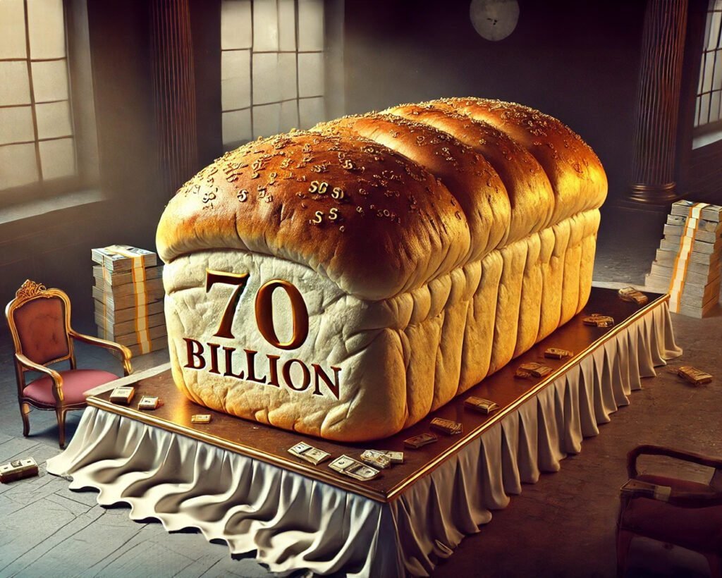 Groot brood met de tekst '70 miljard' ingelegd, symboliserend de enorme, niet-bestede AWBZ-premie.