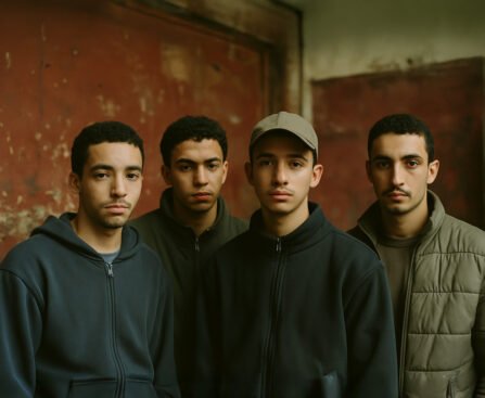 Vier jonge mannen met migratieachtergrond kijken serieus naar de camera