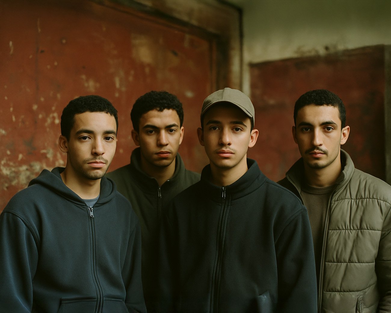 Vier jonge mannen met migratieachtergrond kijken serieus naar de camera