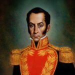 Portret van Simón Bolívar in uniform met rood en goud borduurwerk