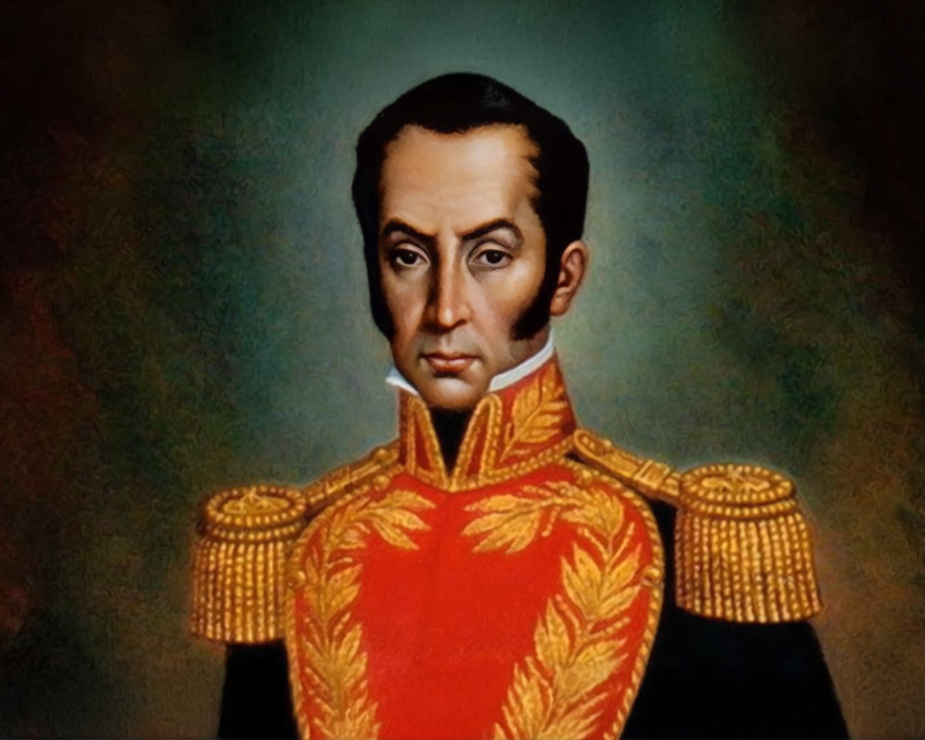 Portret van Simón Bolívar in uniform met rood en goud borduurwerk