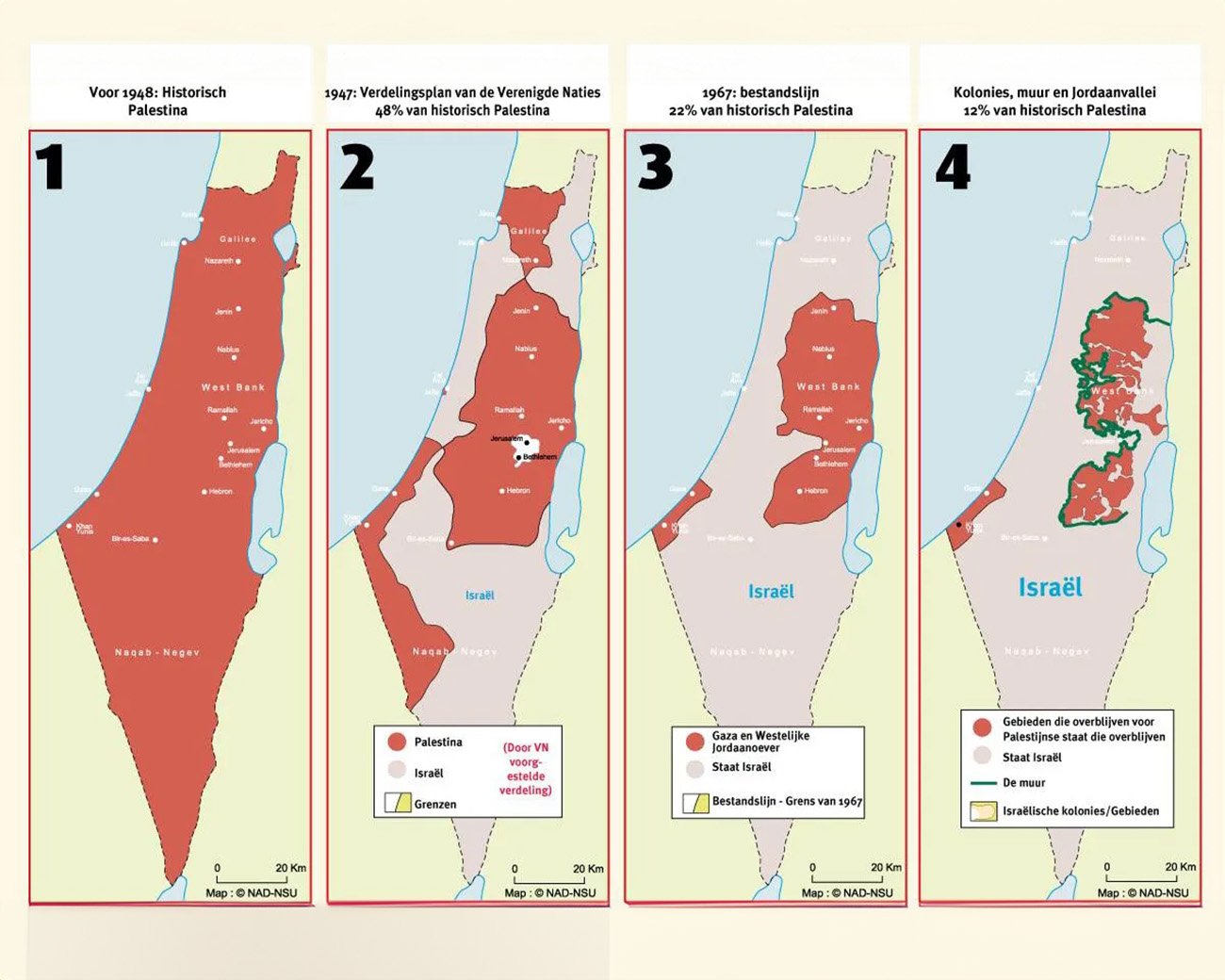 Een visuele weergave van de verandering in Palestijns grondgebied van 1947 tot het heden.