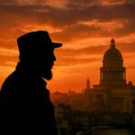 Fidel Castro silhouet met hoed voor de skyline van Havana bij zonsondergang