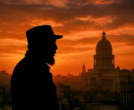 Fidel Castro silhouet met hoed voor de skyline van Havana bij zonsondergang