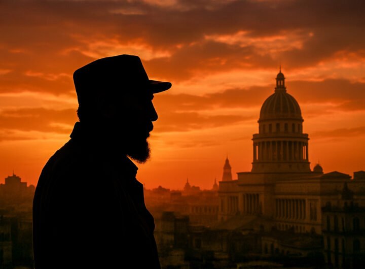 Fidel Castro silhouet met hoed voor de skyline van Havana bij zonsondergang