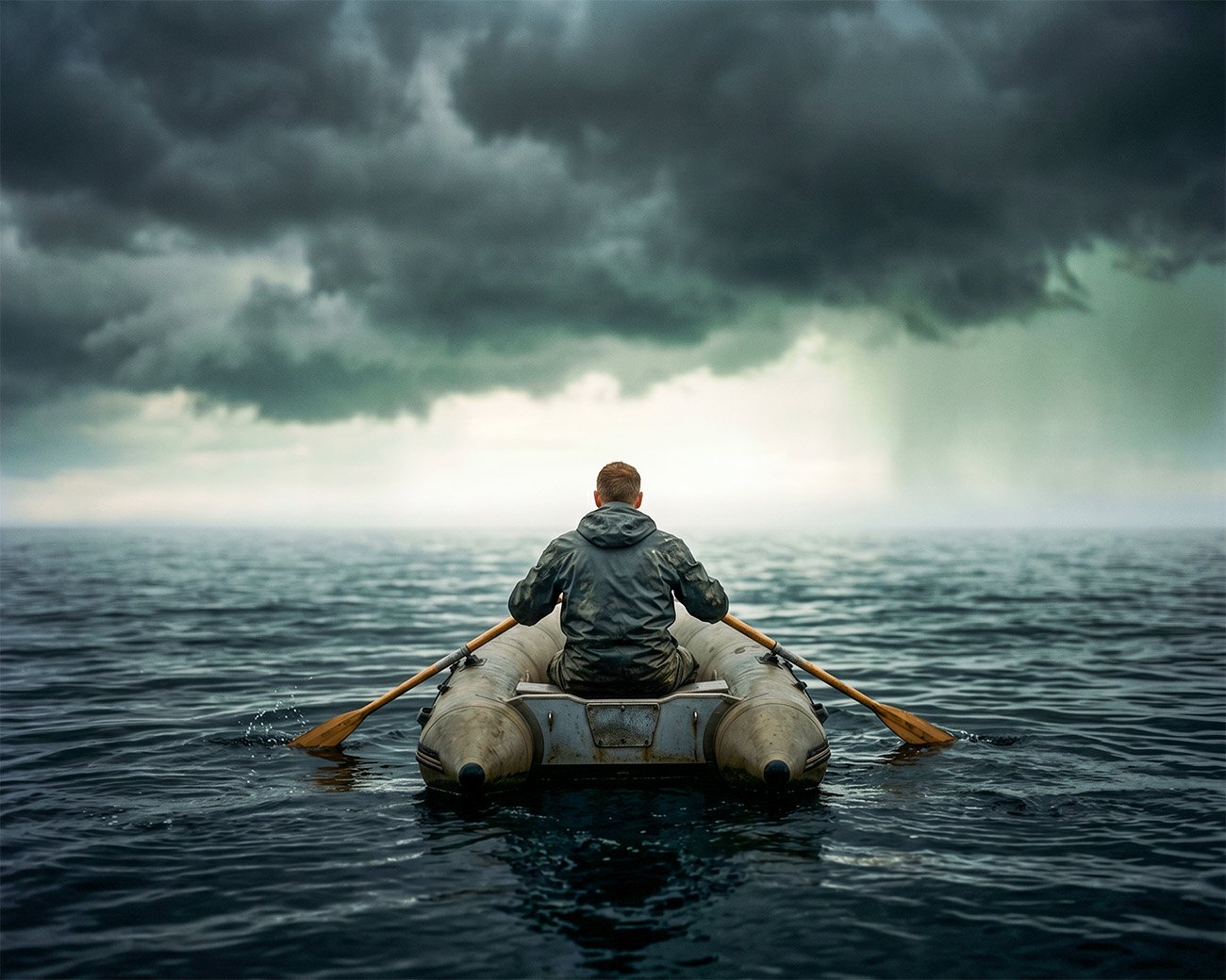 Persoon in een kleine rubberboot op open zee, roeiend onder donkere wolken richting een lichte horizon.