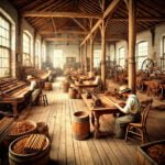 A detailed interior of a modest cigar factory from around 1900, featuring wooden beams, exposed brick walls, and workers hand-rolling cigars at wooden tables in a neocolonial style setting.