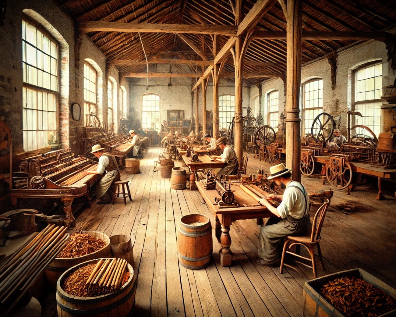 A detailed interior of a modest cigar factory from around 1900, featuring wooden beams, exposed brick walls, and workers hand-rolling cigars at wooden tables in a neocolonial style setting.