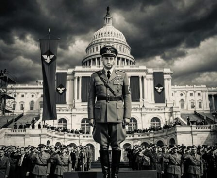 Militair geklede man voor het Capitool in Washington, omringd door saluerende manschappen en autoritaire symbolen