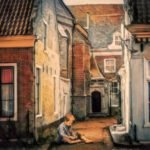 Kind zit alleen op een smalle Nederlandse straat tussen huizen, zonder zichtbaar toezicht of zorg, in een omgeving die vrijheid en kwetsbaarheid tegelijk laat zien.