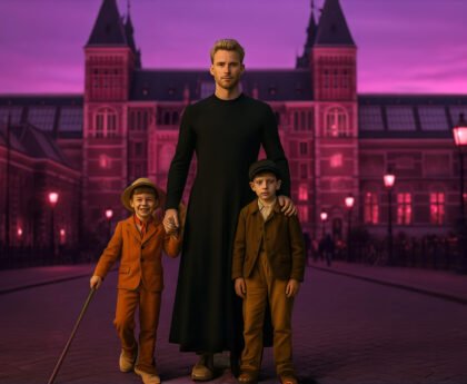 Een volwassen man in een zwarte jurk staat voor het Rijksmuseum met twee jonge jongens in historische kleding.
