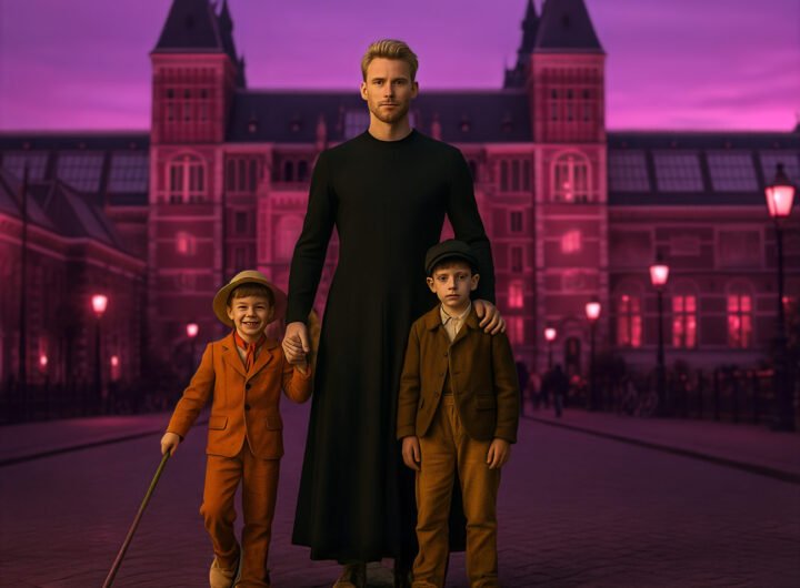 Een volwassen man in een zwarte jurk staat voor het Rijksmuseum met twee jonge jongens in historische kleding.