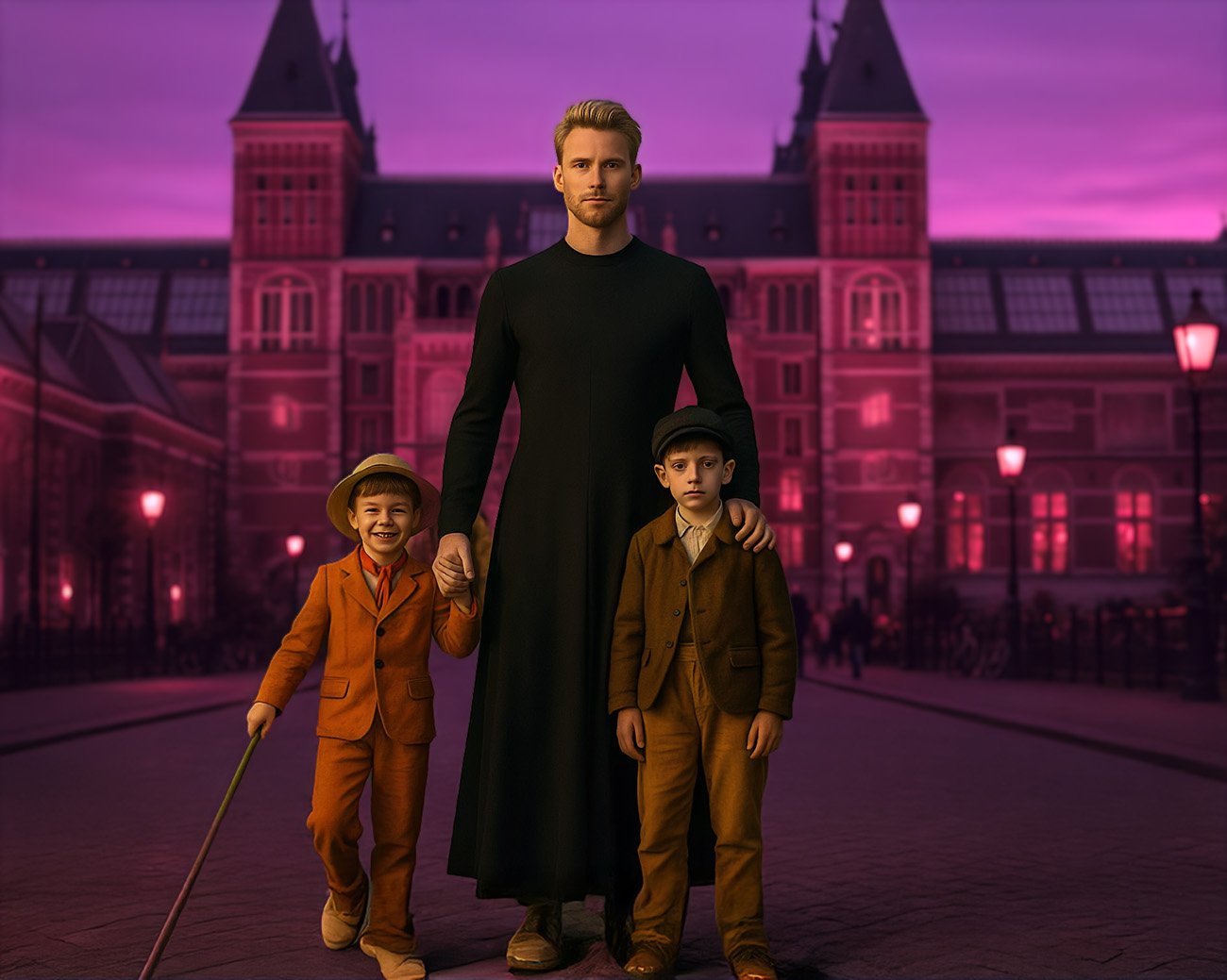 Een volwassen man in een zwarte jurk staat voor het Rijksmuseum met twee jonge jongens in historische kleding.