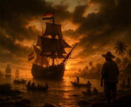 Nederlandse koloniale schepen arriveren bij een Indonesisch dorp tijdens zonsondergang