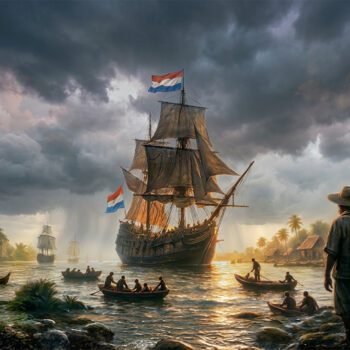 Nederlandse koloniale schepen arriveren bij een Indonesisch dorp tijdens zonsondergang