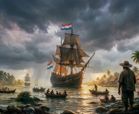 Nederlandse koloniale schepen arriveren bij een Indonesisch dorp tijdens zonsondergang