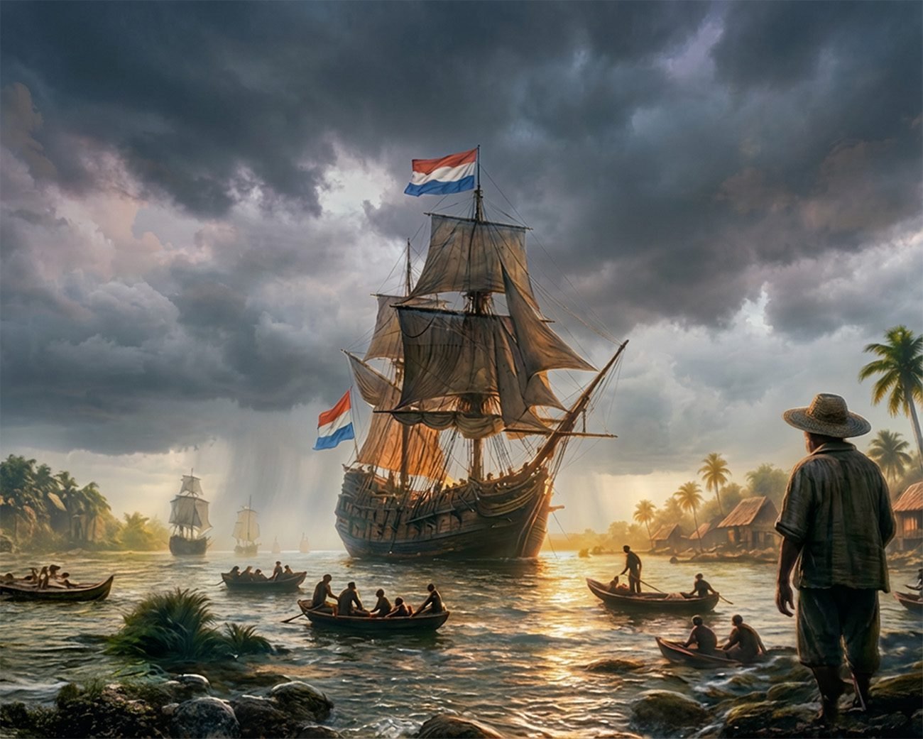 Nederlandse koloniale schepen arriveren bij een Indonesisch dorp tijdens zonsondergang