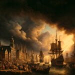 Panoramic painting in the style of the Dutch Golden Age, depicting a harbor scene with dark, threatening clouds above, tall ships, and figures in period attire.