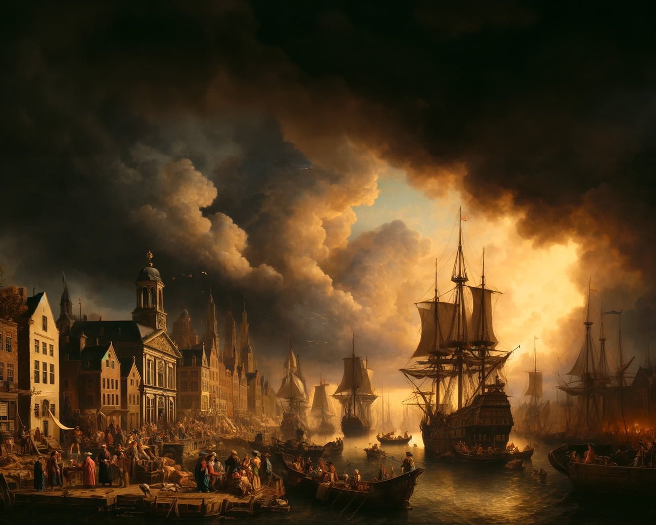 Panoramic painting in the style of the Dutch Golden Age, depicting a harbor scene with dark, threatening clouds above, tall ships, and figures in period attire.