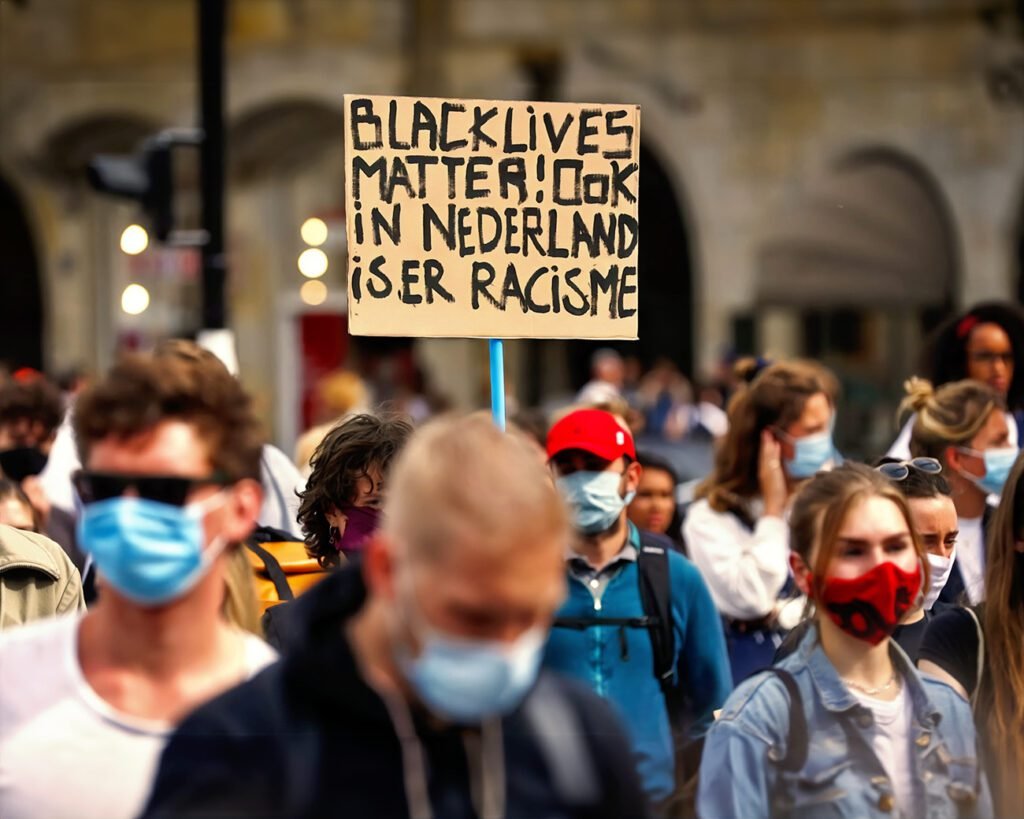 Black Lives Matter-protest in Nederland met demonstranten die oproepen tot herziening van koloniale monumenten.