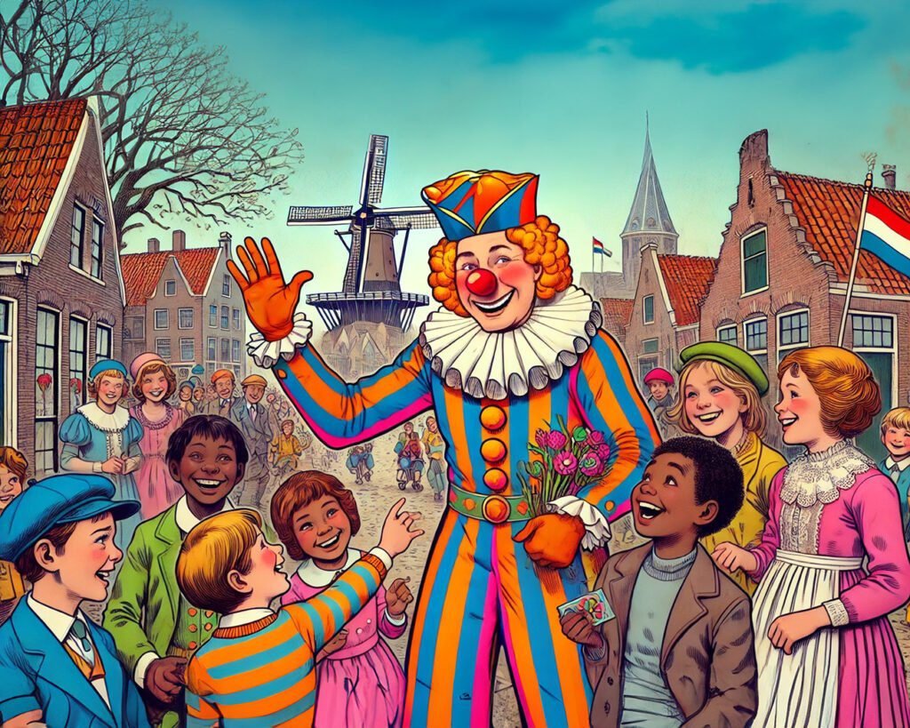 Clownachtige figuur zonder raciale kenmerken in kleurrijke outfit, omringd door blije kinderen van verschillende etnische achtergronden, in een traditionele Nederlandse omgeving met molens en kanalen.