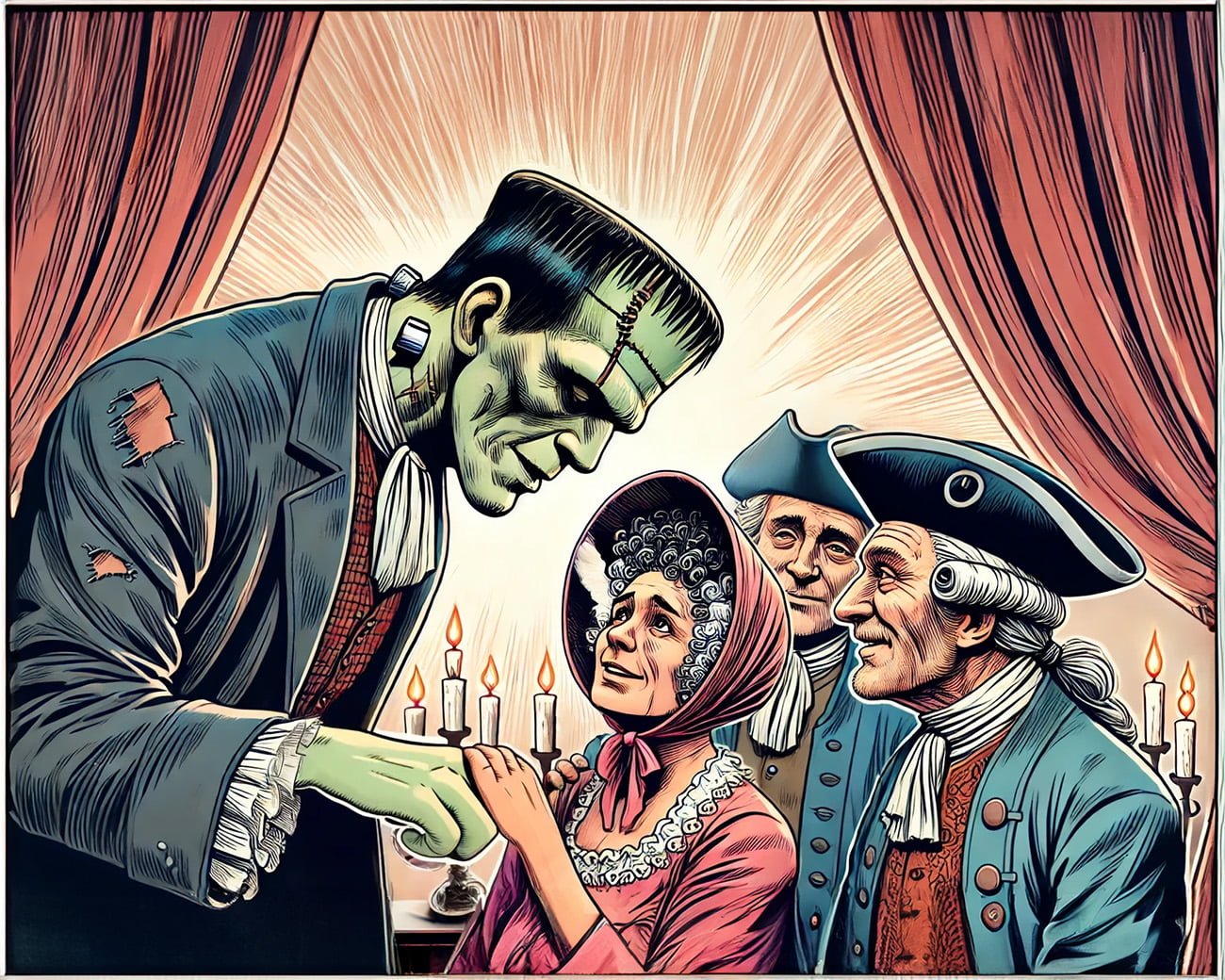 A large Frankenstein-like figure bending forward with a gentle expression, speaking kindly to an elderly couple dressed in 1750s clothing, in a comic-style illustration.