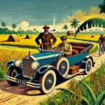 Illustratie van een jaren '30 auto die stilstaat op een landweg in tropische rijstvelden. Een Europese man met een tropenhelm zit op de achterbank, terwijl een chauffeur de auto bestuurt.