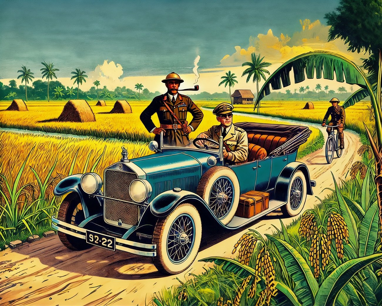 Illustratie van een jaren '30 auto die stilstaat op een landweg in tropische rijstvelden. Een Europese man met een tropenhelm zit op de achterbank, terwijl een chauffeur de auto bestuurt.