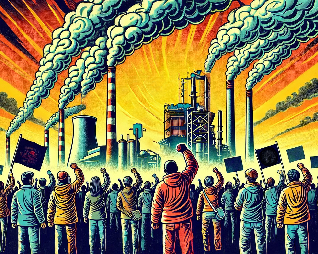 Illustratie in jaren '70 Amerikaanse comic-stijl van demonstranten die zich verzetten tegen kapitalistische vervuiling, met op de achtergrond industriële schoorstenen die rook uitstoten. De afbeelding benadrukt de strijd voor milieu- en klimaatrechtvaardigheid.