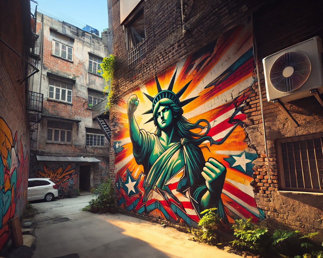 Graffiti van de Statue of Liberty met gebalde vuist in een actiecomic-stijl, geschilderd op een muur in een afgelegen straatje, met een sfeer van hoop en veerkracht.