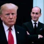 Stephen Miller kijkt toe terwijl Donald Trump op de voorgrond staat tijdens een moment in het Witte Huis