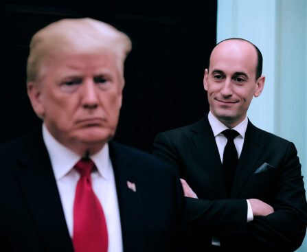 Stephen Miller kijkt toe terwijl Donald Trump op de voorgrond staat tijdens een moment in het Witte Huis