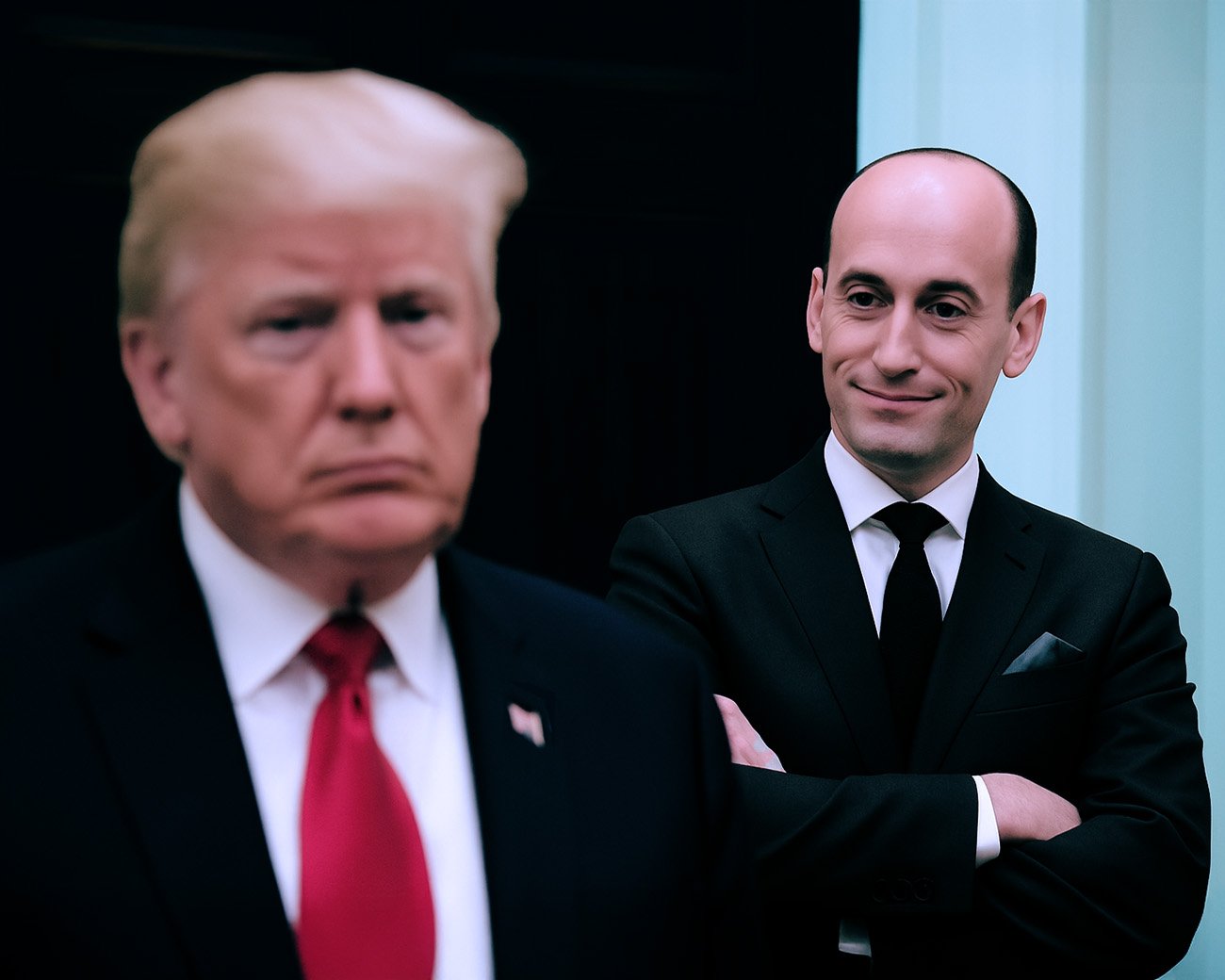 Stephen Miller kijkt toe terwijl Donald Trump op de voorgrond staat tijdens een moment in het Witte Huis