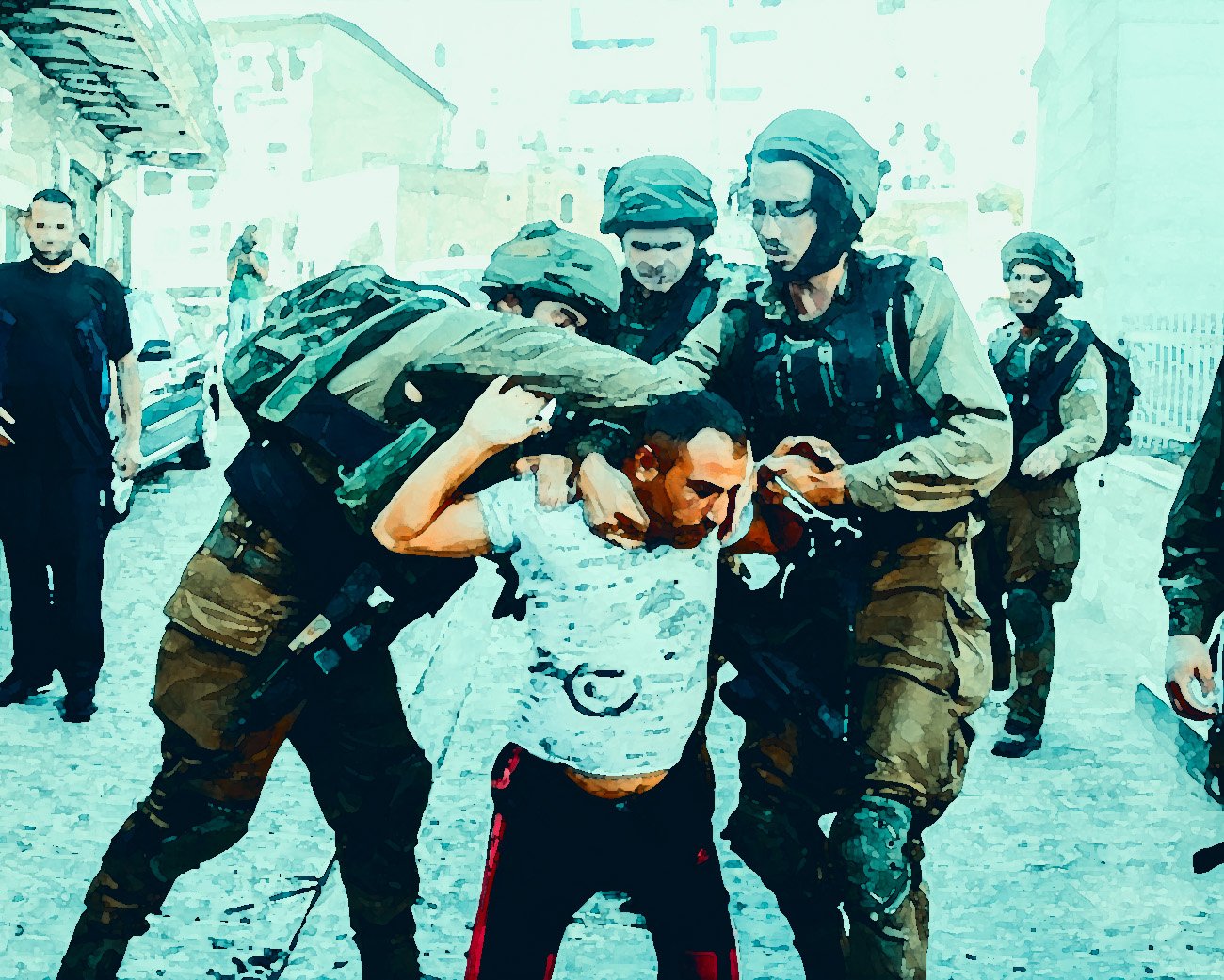 Israëlische soldaten houden een Palestijnse man aan na een huiszoeking in Hebron, 2016