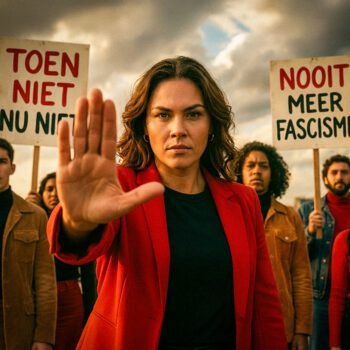 Groep mensen met protestborden tegen fascisme; vrouw op de voorgrond steekt hand op als stopteken tegen autoritaire macht.