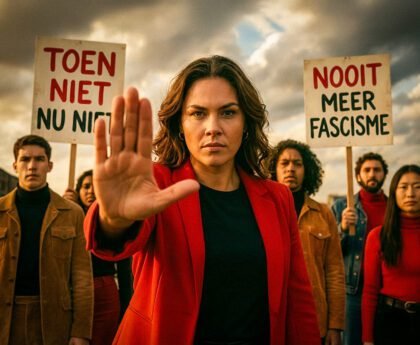 Groep mensen met protestborden tegen fascisme; vrouw op de voorgrond steekt hand op als stopteken tegen autoritaire macht.