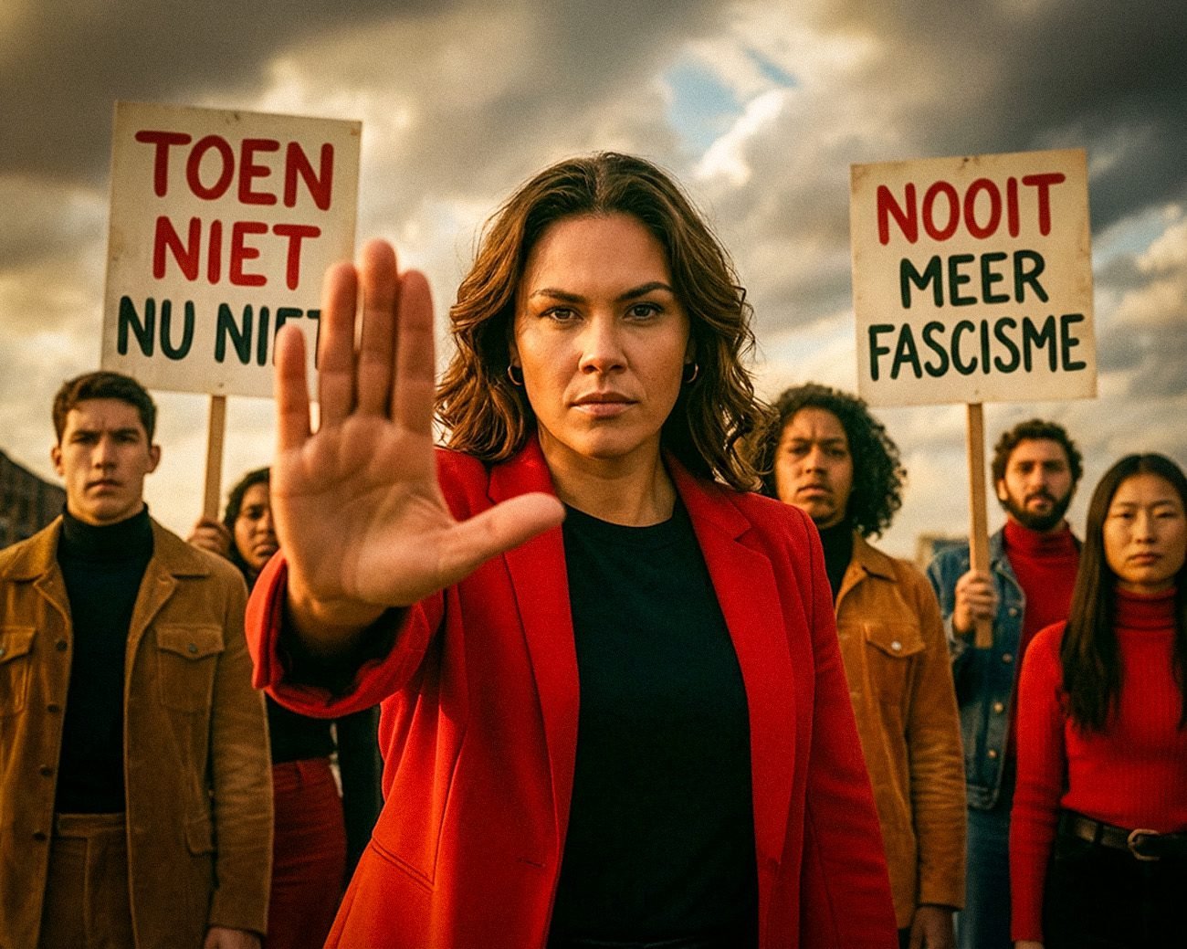 Groep mensen met protestborden tegen fascisme; vrouw op de voorgrond steekt hand op als stopteken tegen autoritaire macht.