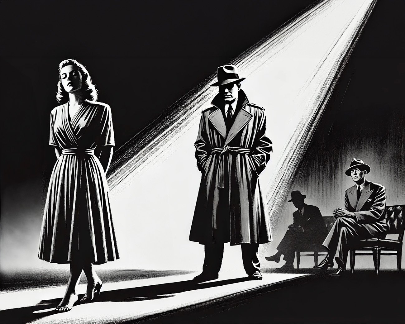 Film noir-stijl illustratie van een man in een trenchcoat en een vrouw in een traditionele jurk, met sterke licht-donker contrasten die patriarchale manipulatie en genderrollen uitbeelden.