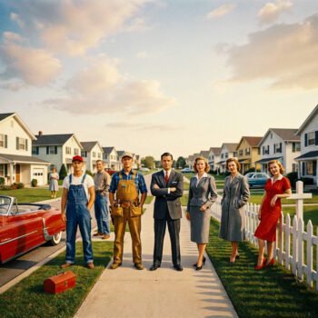 Groep mannen en vrouwen uit verschillende sociale posities in een Amerikaanse buitenwijk in de jaren vijftig hebben klassebewustzijn