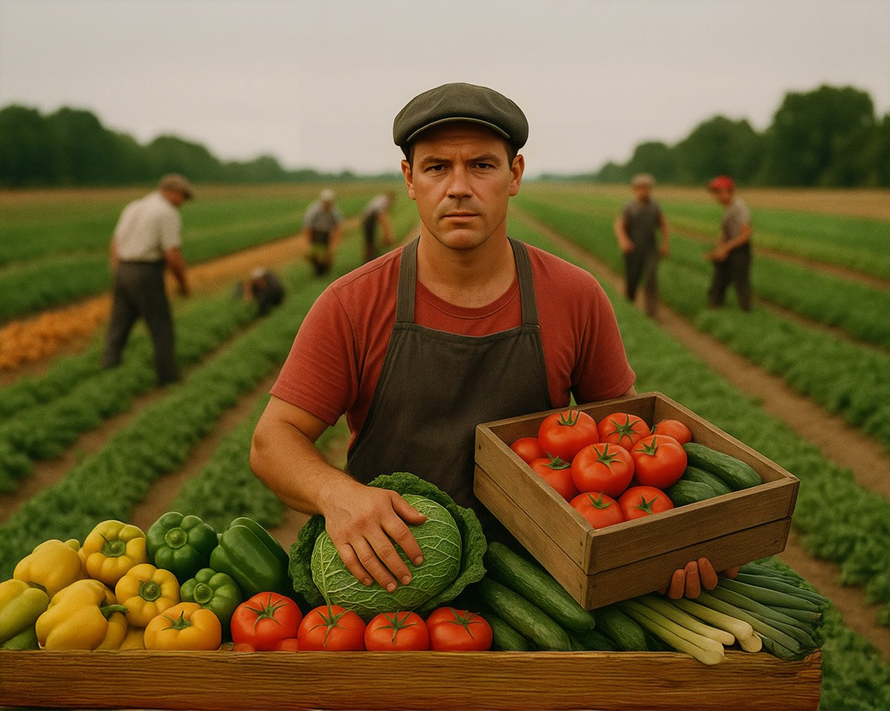 Boeren werken op een Nederlandse groenteakker en tonen verse groenten