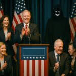 Politici lachen en applaudisseren terwijl een figuur met een grijnzend masker op de achtergrond staat